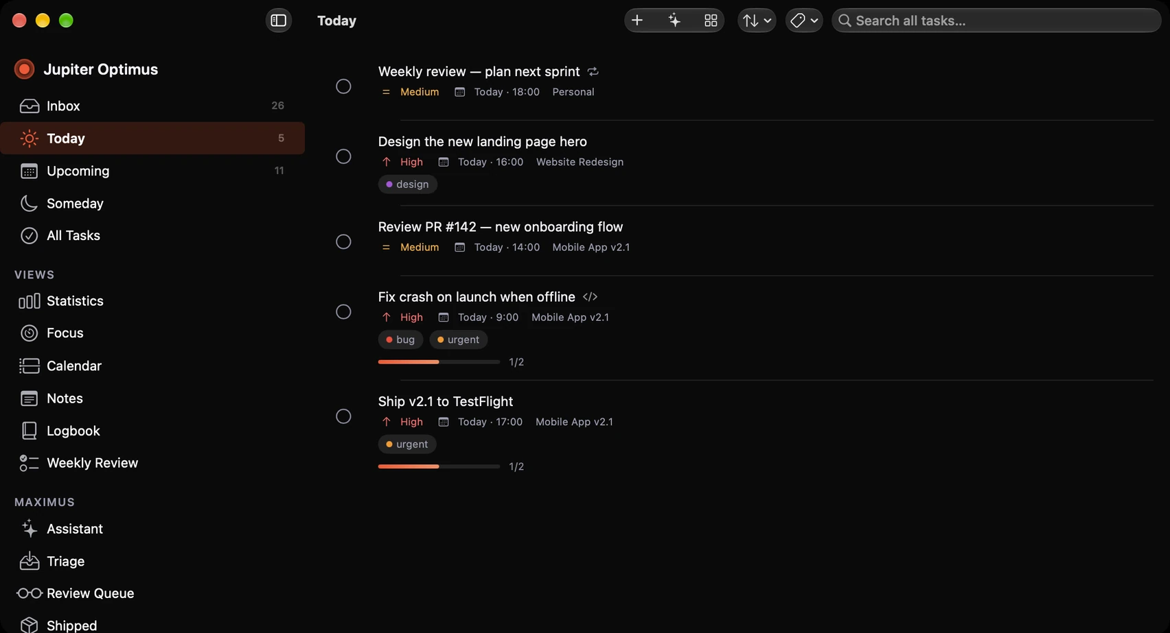 Jupiter Optimus on Mac: the Today list with priorities, due times, projects and tags, beside the sidebar