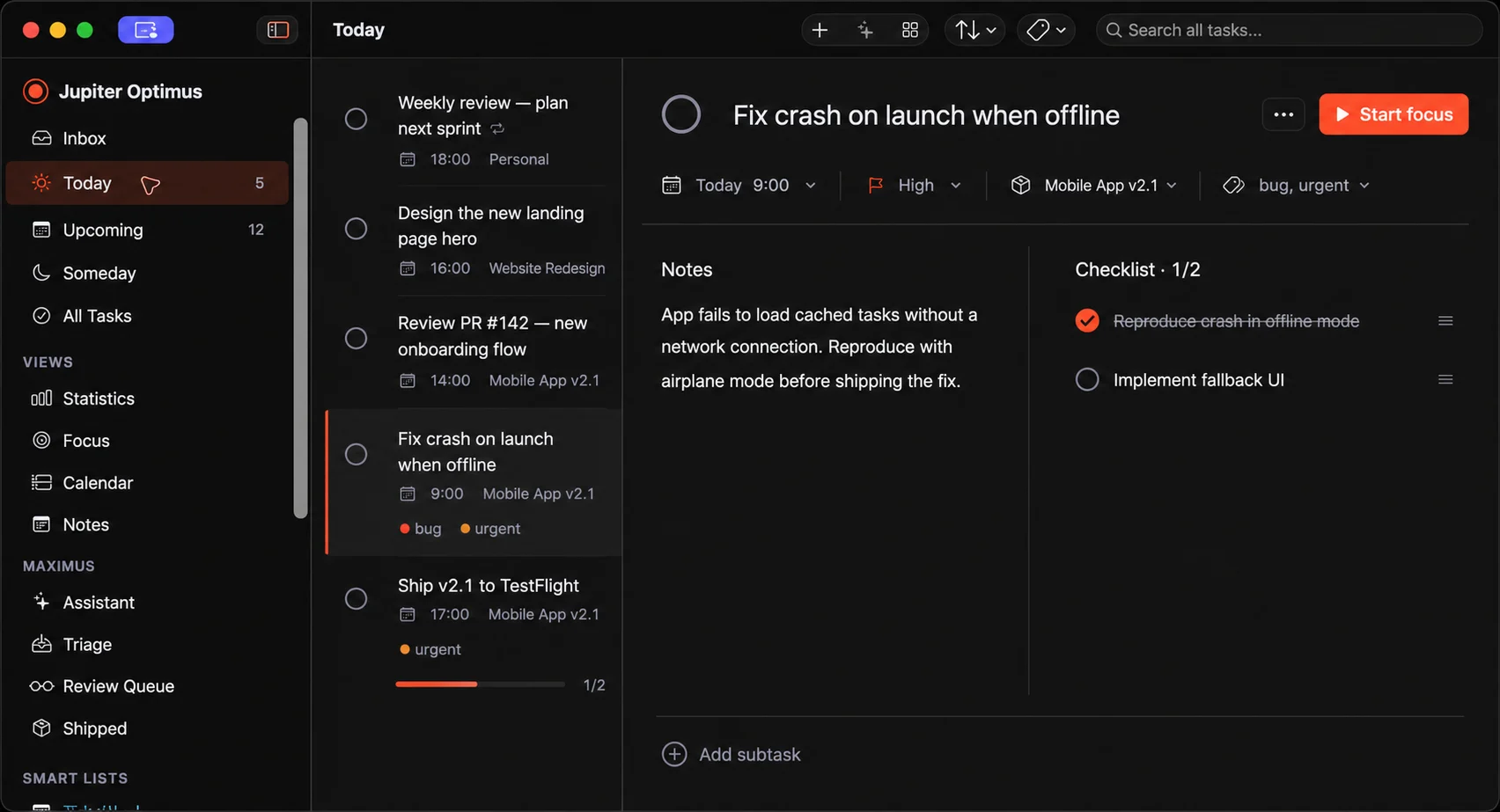 Jupiter Optimus on Mac showing Today, tasks, project details, notes, and a checklist