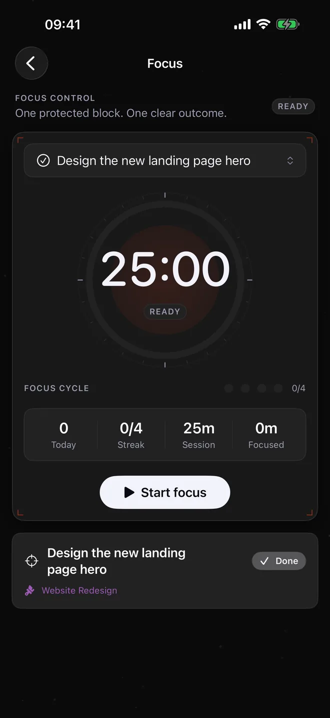 The Focus timer ready to start a 25-minute session on one chosen task