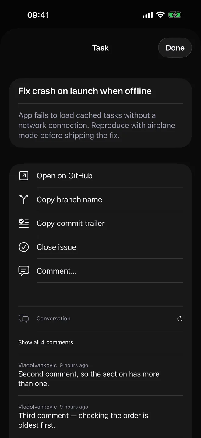 A task linked to a GitHub issue, with Open on GitHub, Copy branch name, Copy commit trailer, Close issue, Comment and the issue's conversation