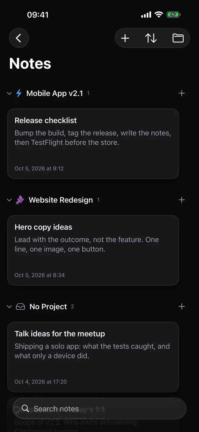 Notes grouped by project, with a No Project section for notes that belong to none