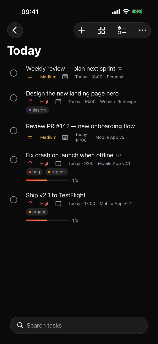Today on iPhone: five tasks with their priority, due time and project, some with tags and subtask progress